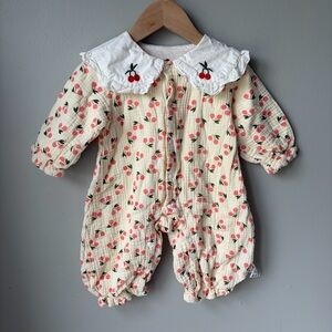 Cherry Baby Girl One Piece Outfit With Matching Bonnet Hat Size 3-6 Months